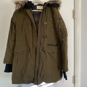 BCBG Olive Green Parka with faux fur hood. Ladies size M.